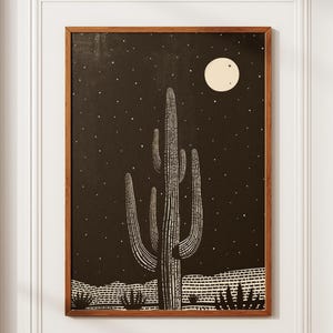 Saguaro Kaktus Blockdruck Poster, Western Dekor, Southwestern Wandkunst, Wüstenlandschaft, Schwarz-Weiß, Minimalistisch, Eklektische Boho Kunst