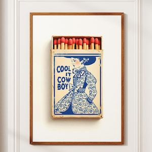 Cool It Cowboy Matchbook Poster Coastal Cowgirl Millennial Granddaughter Toile Chinoiserie Indigo Blue White Poster Western Decor Trendy Art