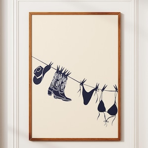 Impresión artística de bikini, ilustración de playa de bikini azul marino, póster colgante de bikini, póster de traje de baño, impresión de vaquera costera, póster del océano, regalo para niña