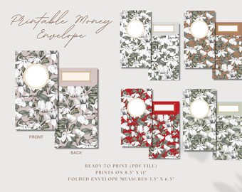May include: Printable money envelope template with a floral design. The front of the envelope features a white magnolia flower pattern on a light pink background. The back of the envelope features a white magnolia flower pattern on a light gray background. The envelope is ready to print on 8.5 x 11 inch paper and folds to 3.5 x 6.5 inches.