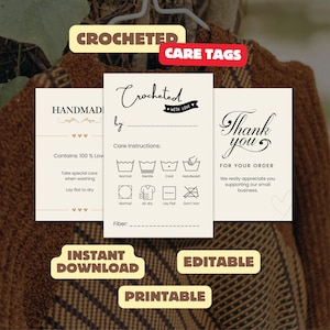 Etiquetas de cuidado tejidas a crochet de 2 x 3", etiquetas de instrucciones de ropa hechas a mano, etiquetas de cuidado imprimibles, etiquetas personalizables, descarga instantánea