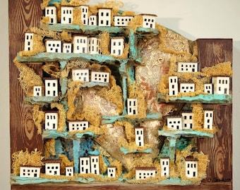 Houses 3d wall decor, miniature house model wall decor art, houses figurine wall decor, colorful houses 3 d house gift, house art
