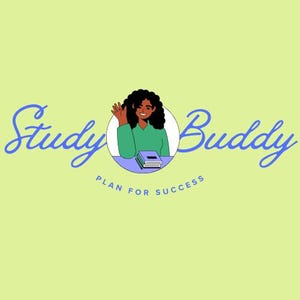 Puede incluir: Un logotipo para un servicio de compañeros de estudio. El logotipo presenta una caricatura de una mujer con cabello castaño y una camisa verde, sosteniendo una pila de libros. El texto "Study Buddy" está escrito en cursiva azul, con las palabras "Plan for Success" escritas en letras azules más pequeñas debajo.