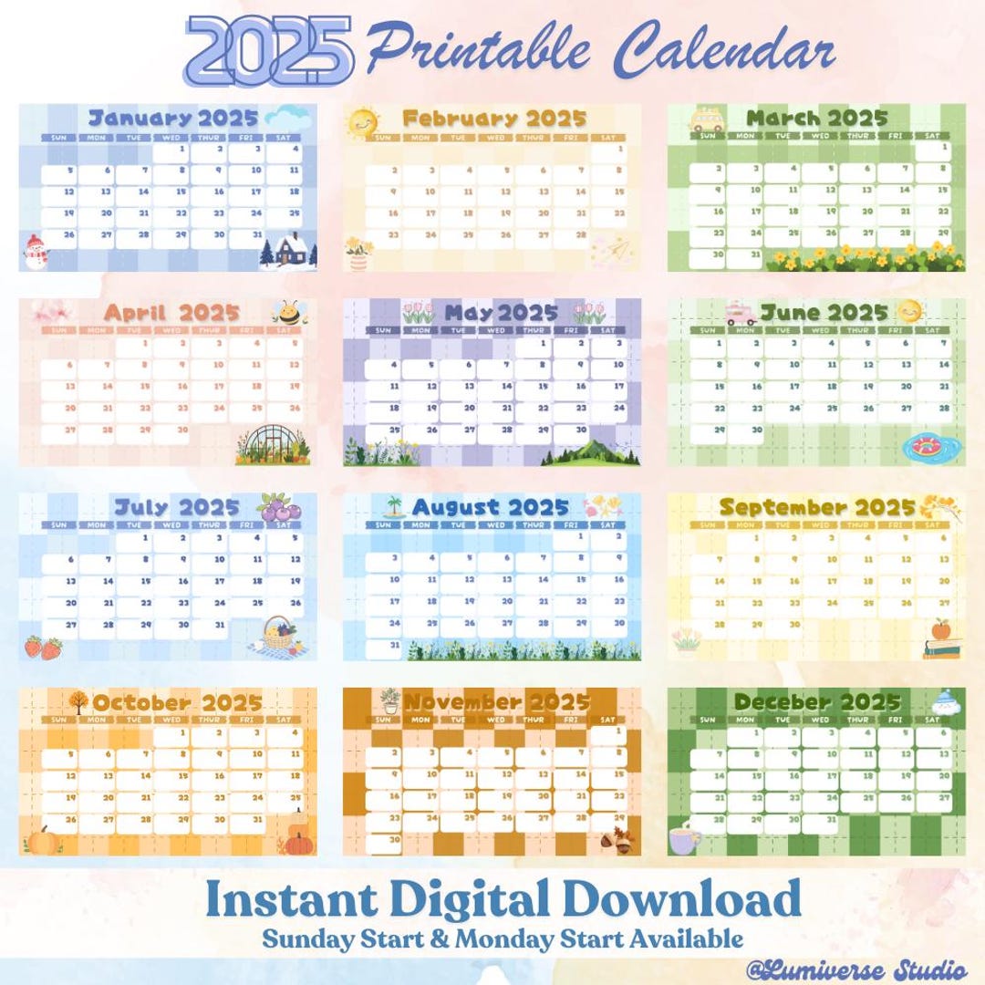 2025 Calendar Printable - Cute Cartoon Monthly Planner PDF, Slides ...