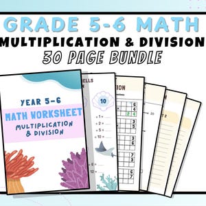 Könnte beinhalten: Ein Mathe-Arbeitsblatt-Paket für die 5. und 6. Klasse, das sich auf Multiplikation und Division konzentriert. Das Cover zeigt den Text "MATH WORKSHEET MULTIPLICATION & DIVISION" mit Korallenillustrationen. Das Paket enthält 30 Seiten.