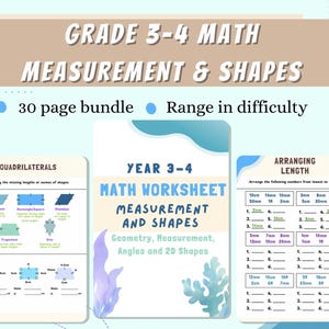 May include: A colorful printable worksheet bundle for 3rd and 4th grade math, focusing on measurement and shapes. The worksheets include activities like identifying quadrilaterals, arranging lengths from lowest to highest, and working with geometry, measurement, angles, and 2D shapes.