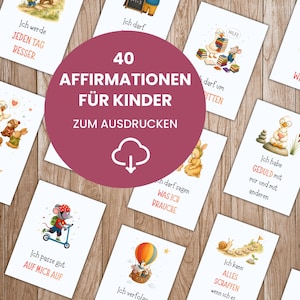 Könnte beinhalten: Eine Sammlung von 40 Affirmationskarten für Kinder mit farbenfrohen Illustrationen von Tieren und positiven Botschaften. Die Karten sind auf einer Holzoberfläche angeordnet, mit einem zentralen kreisförmigen Grafik, die "40 Affirmationen für Kinder zum Ausdrucken" lautet.