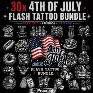 May include: A black and white illustration of a 30-piece 4th of July flash tattoo bundle. The design includes patriotic symbols like the American flag, fireworks, and Uncle Sam, along with the text "4th of July".