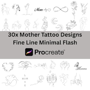 Könnte beinhalten: Eine Sammlung von 30 minimalistischen Tattoo-Designs zum Thema Mutter in schwarzer Tinte. Die Designs umfassen Strichzeichnungen von Müttern mit Kindern, Herzen, Blumen und den Wörtern "Mom" und "Mamma". Das Bild zeigt auch das Procreate-Logo.