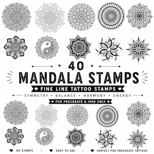 40 Pincéis Mandala para Procreate | Pacote de Estênceis para Tatuagem | Carimbos Mandala para Procreate | Tatuagem Geométrica | Estênceis de Geometria Sagrada | Estêncil Digital