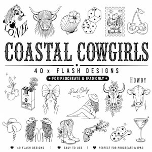 May include: A collection of 40 black and white line art illustrations titled COASTAL COWGIRLS, featuring motifs like a horse, highland cow, dice, Nashville stamp, cherries, cowboy boots, a bow, a skull, a gun with flowers, and a martini glass.