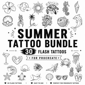 Könnte beinhalten: Eine digitale Sammlung von 30 schwarz-weißen Strichzeichnungen mit dem Titel SUMMER TATTOO BUNDLE 30 FLASH TATTOOS FOR PROCREATE. Das Set enthält sommerliche Symbole wie eine Meeresschildkröte, einen Delfin, einen Wal, eine Palme und eine Sonnenbrille.