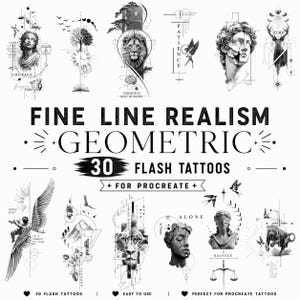 Fine Line Realism Tattoo Flash Bundle | 30 Geometric Tattoo Designs | Digital Stencil Set for Procreate | Printable Line Art Tattoo Pack