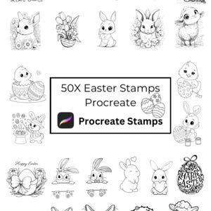 Könnte beinhalten: Ein Set mit 50 Schwarzweiß-Stempeln zum Thema Ostern für Procreate. Die Stempel zeigen Hasen, Küken, Eier, Blumen und andere Ostersymbole.