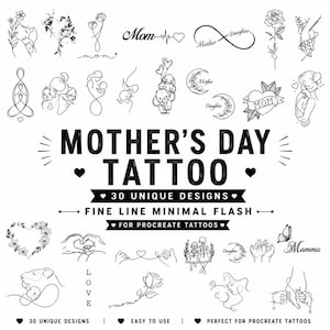 Tatouages pour maman | Tampons de tatouages pour maman | Cadeau pour la fête des mères | Modèles de tatouages pour la famille | Style minimaliste et fin | Pack Procreate | Tatouages flash
