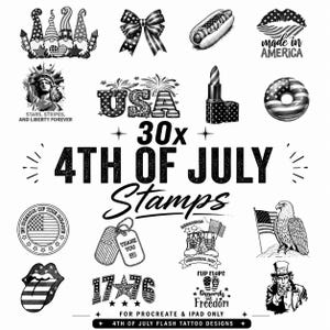 Könnte beinhalten: Eine Sammlung von 30 digitalen Stempeln in Schwarz-Weiß mit Motiven zum 4. Juli, darunter Zwerge, eine Schleife, ein Hotdog, die Freiheitsstatue, USA-Schriftzug, Lippenstift, ein Donut, Erkennungsmarken, Stiefel, ein Adler und Uncle Sam.