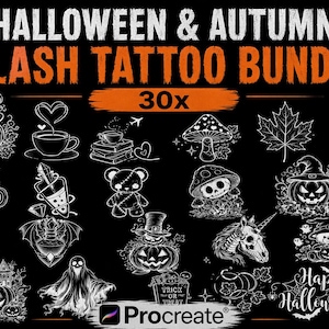Halloween Flash Tattoo Bundle | Autumn Tattoo Stencil Pack | Case Flash Tattoo Sheets | Printable Spooky Tattoo Designs Set