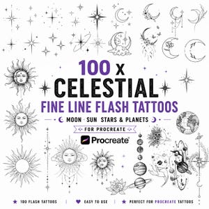 Celestial Tattoo Stamps I Moon Sun Star Planet I Fine Line Tattoo Flash I Tiny Tattoo Designs I Procreate Brushes Bundle