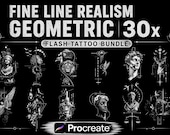 Fine Line Realism Tattoo Flash Bundle | 30 Geometric Tattoo Designs | Digital Stencil Set for Procreate | Printable Line Art Tattoo Pack