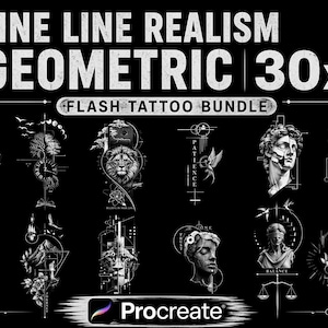 Puede incluir: Ilustración digital en blanco y negro con 30 diseños de tatuajes flash geométricos de realismo de línea fina. Los diseños incluyen bustos clásicos, animales y formas geométricas. El texto dice "FINE LINE REALISM GEOMETRIC 30x FLASH TATTOO BUNDLE".