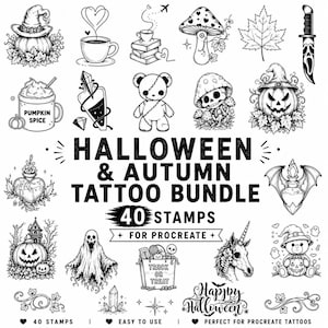 Könnte beinhalten: Eine digitale Sammlung von 40 schwarz-weißen Stempel-Illustrationen mit dem Titel Halloween & Autumn Tattoo Bundle for Procreate. Das Set enthält Zeichnungen von Kürbissen, Geistern, Totenköpfen, Teddybären, Pilzen, Zaubertränken und Herbstblättern.