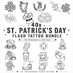 40 Tatuagens Flash para o Dia de São Patrício | Carimbos para Procreate | Pacote de Estênceis para Tatuagens Irlandesas | Trevo, Duende, Amuletos da Sorte, Ferradura