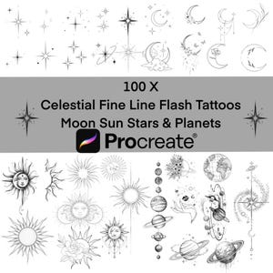 Könnte beinhalten: Eine Sammlung von 100 feinen, himmlischen Flash-Tattoos mit Monden, Sonnen, Sternen und Planeten. Die Designs sind in Schwarzweiß gehalten und umfassen verschiedene Stile wie Sternbilder, Halbmonde und Sonnengesichter. Das Procreate-Logo ist ebenfalls sichtbar.