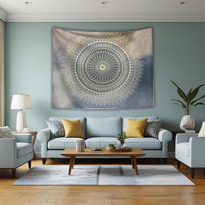 Boho Mandala Tapestry Wall Hanging -Neutral Beige and Grey Large Wall Art, Meditation Yoga Decor, Hippie Dorm Room & Bedroom Decoration.