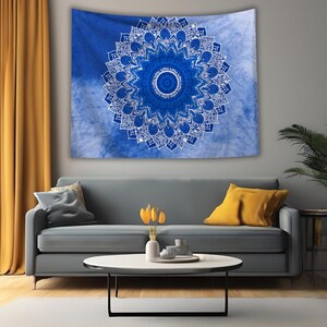 Handcrafted Indian Mandala Wall Tapestry in Calming Blues and Whites