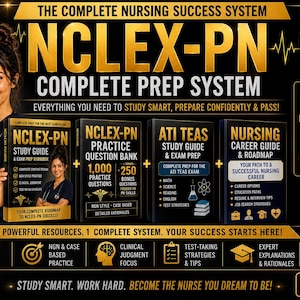 May include: A black and gold promotional graphic for the NCLEX-PN Complete Nursing Success System. It features four study guides, including a practice question bank and career roadmap, alongside text detailing 1,000 practice questions and 250 bonus questions.
