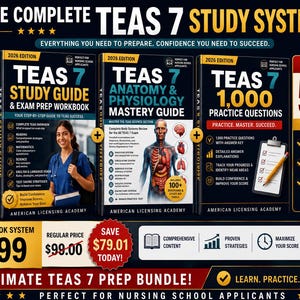 Pode incluir: O sistema de estudo completo TEAS 7 edição 2026 inclui três livros: um guia de estudo e caderno de exercícios, um guia de anatomia e fisiologia e um livro de 1.000 questões práticas. O pacote inclui um exame bônus de 50 questões.