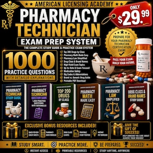 May include: A Pharmacy Technician Exam Prep System featuring six study books, a mortar and pestle, and pill capsules. The text includes American Licensing Academy, Pharmacy Technician Exam Prep System, 1000 Practice Questions, and various study topics.