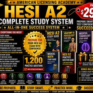 HESI A2 Study Guide | 1,200 Practice Questions | SAT Math, Reading & Writing Review | Digital Download PDF | College Entrance Exam Prep