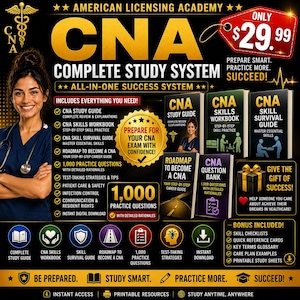 Sistema de estudio completo para CNA / 1000 preguntas de práctica para CNA / Guía de estudio, cuaderno de ejercicios, guía de supervivencia y hoja de ruta en PDF