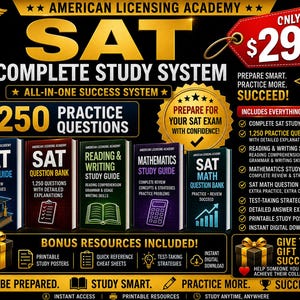 May include: A black and gold promotional graphic for the American Licensing Academy SAT Complete Study System. It features five textbooks, a list of included materials, and text highlighting 1,250 practice questions and study resources.