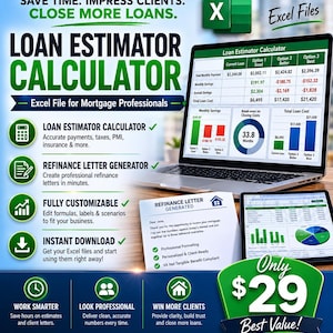 May include: A promotional graphic for a loan estimator calculator, featuring a laptop displaying financial data, a tablet, and a printed document. Text includes "Loan Estimator Calculator" and "Refinance Letter Generator." The graphic also highlights features and benefits.