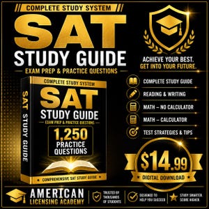 SAT Study Guide | 1,250 Practice Questions | SAT Math, Reading & Writing Review | Digital Download PDF | College Entrance Exam Prep