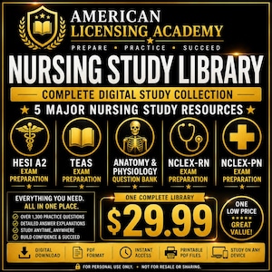 Pode incluir: Um gráfico digital preto e dourado para a American Licensing Academy Nursing Study Library. Apresenta cinco ícones para HESI A2, TEAS, Anatomia e Fisiologia, NCLEX-RN e NCLEX-PN, com texto sobre mais de 1.300 questões de prática.