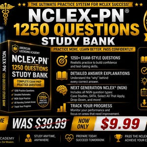 NCLEX-PN 1250 övningsfrågor studiebank | Praktisk omvårdnadsgranskning | Detaljerade motiveringar | Nedladdning av PN-examensförberedelser