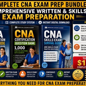 May include: A digital CNA exam prep bundle featuring three books: a study guide and exam prep workbook, a question bank with 1,000 practice questions, and a skills exam survival guide with 200 practice questions, all for 2026 certification.