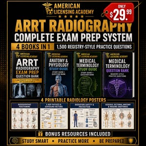 ARRT Radiography Exam Prep System | 1,500 Practice Questions + Study Guide | Anatomy & Physiology + Medical Terminology | Digital PDF