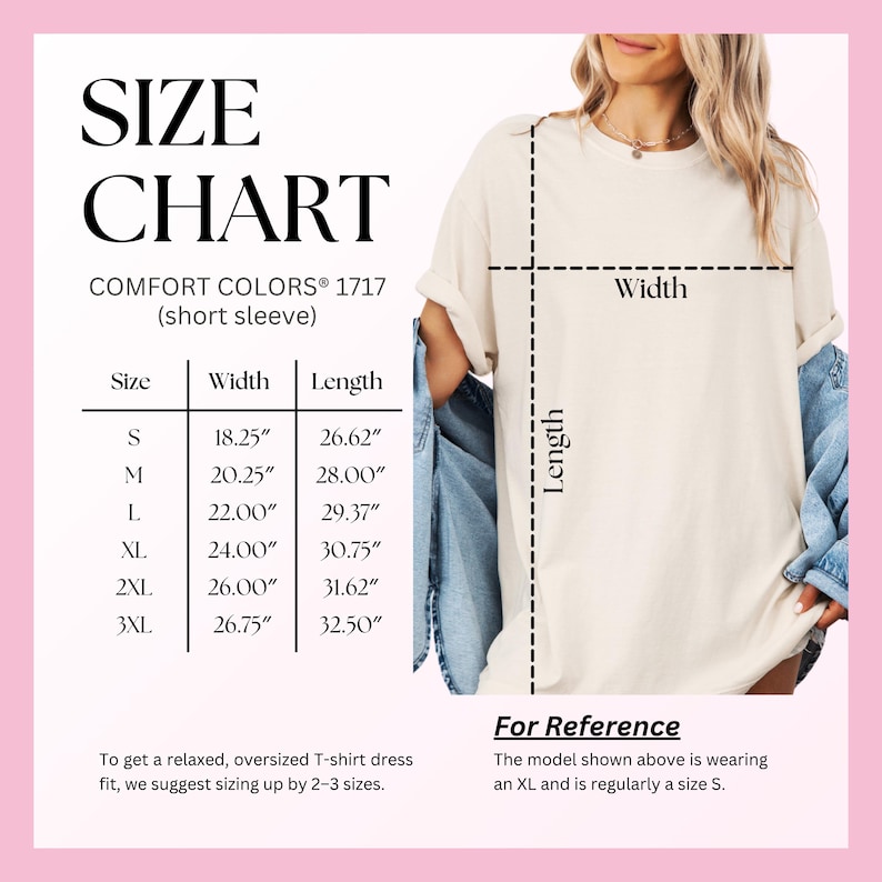 The image is a size chart for a T-shirt, showing the measurements for different sizes. The chart includes a model wearing the T-shirt and provides a reference for the model shown.
