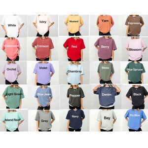 The image is a collage of various t-shirt designs, each with a different color and style.