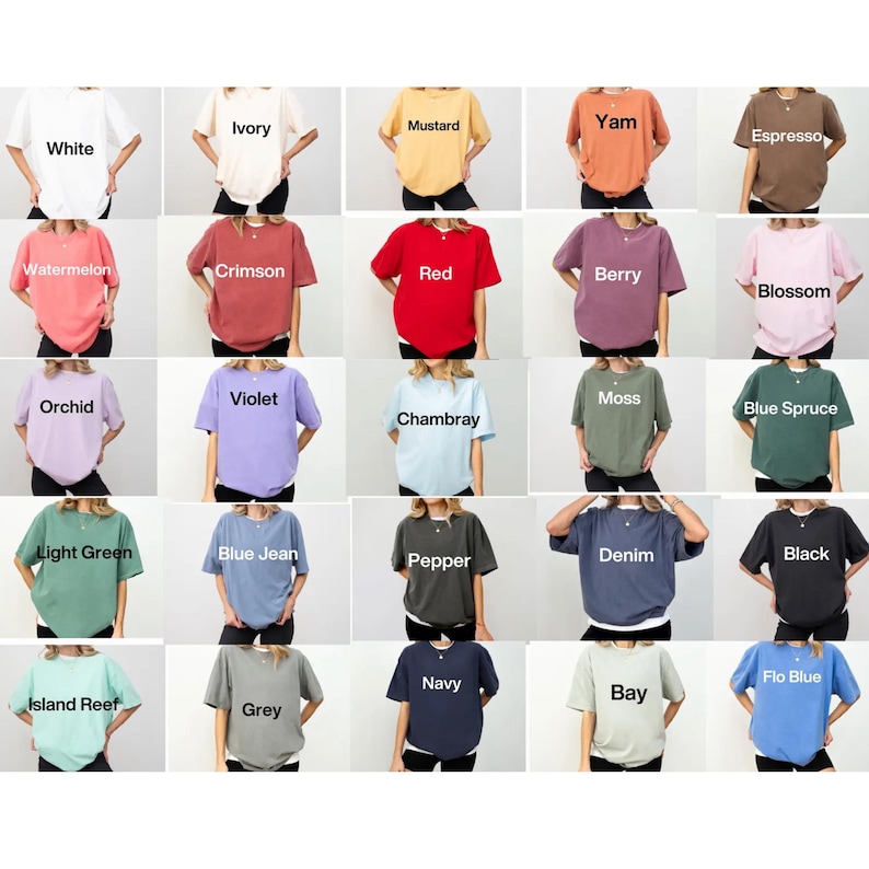 The image is a collage of various t-shirt designs, each with a different color and style.