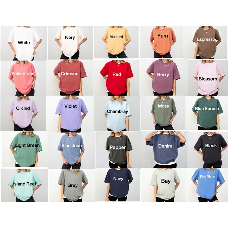 The image is a collage of 24 different t-shirt designs, each with a unique color and style.
