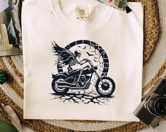 死神バイクTシャツ、スケルトンバイカーTシャツ、バイクスカル、コンフォートカラーズ®、バイクギフト、バイカーギフト、スケルトンライダー、