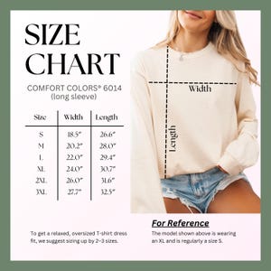 The image is a size chart for a long-sleeved T-shirt, with measurements and corresponding sizes for different body types.