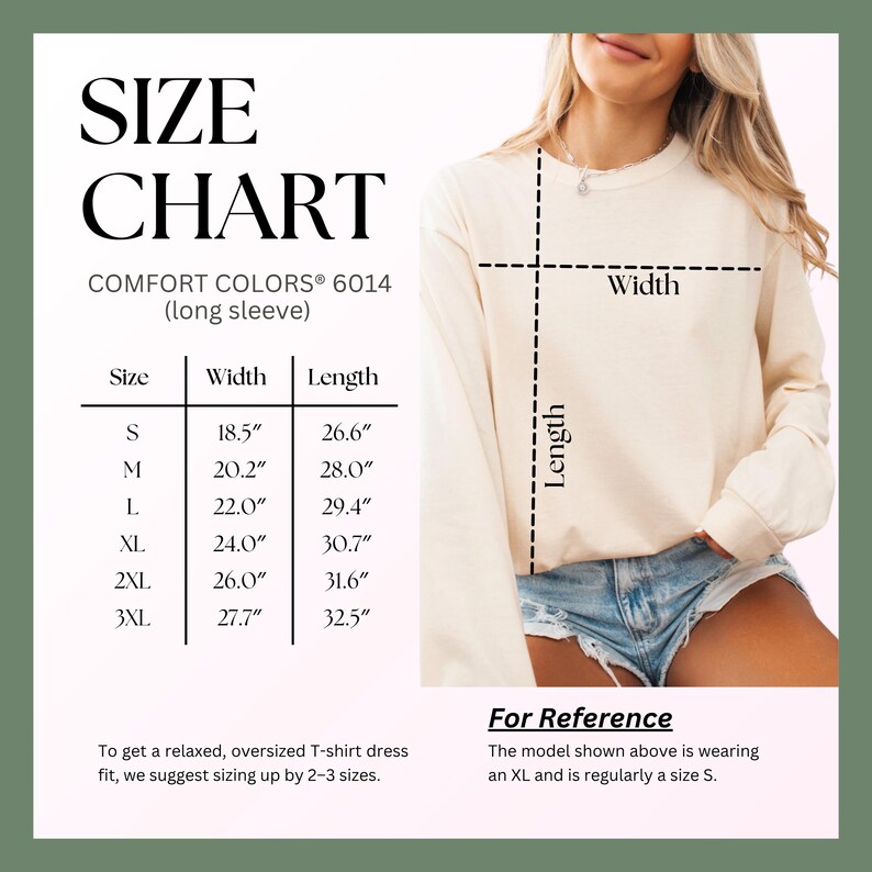 The image is a size chart for a long-sleeved T-shirt, with measurements and corresponding sizes for different body types.