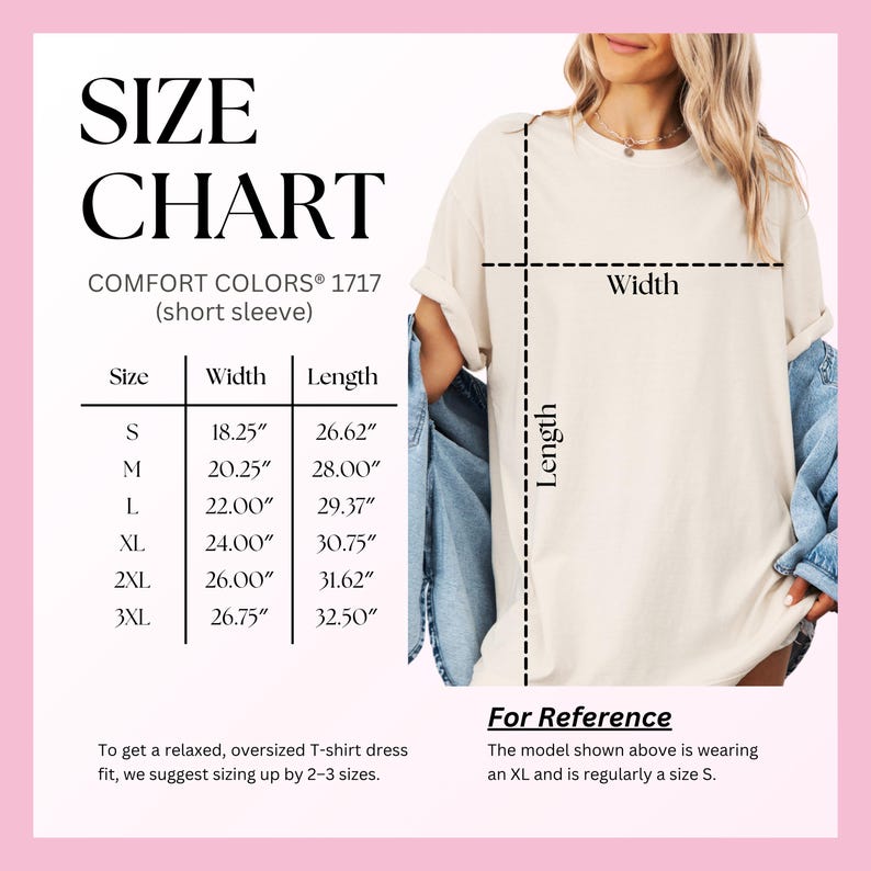 The image is a size chart for a T-shirt, showing the measurements for different sizes. The chart includes a model wearing the T-shirt and provides a reference for the model shown.