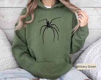 Moletom Aranha Caçadora Gigante Gildan, Terror, Suéter de Halloween Assustador Unissex com Aranha
